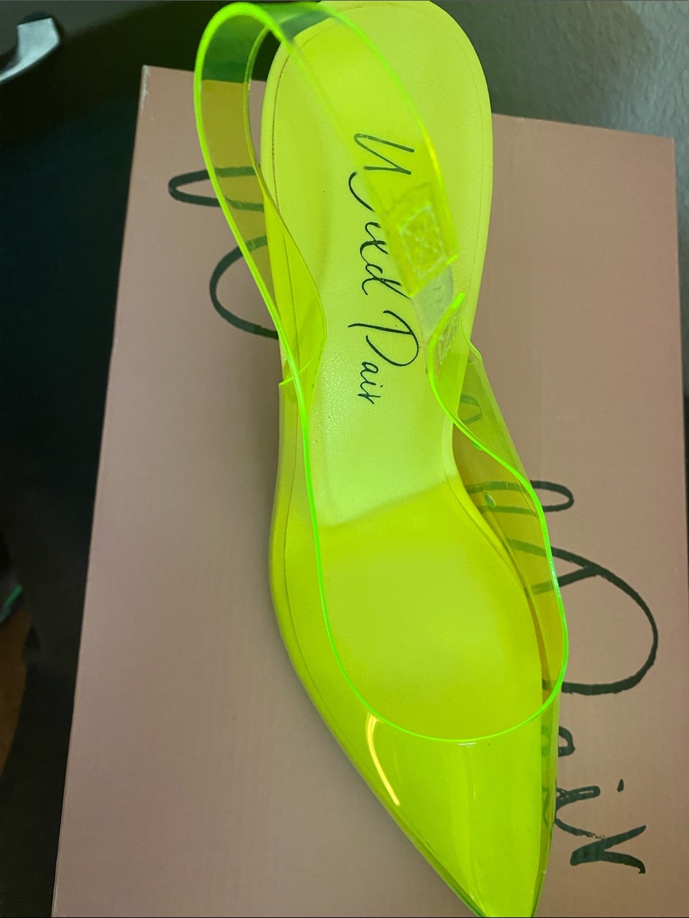 Wild Pair Neon Yellow Clear Slingback Pointed Flats